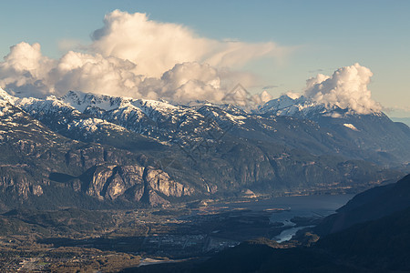 具有加拿大山地景观背景的斯夸米什市空中视图平原城市海洋风景天空悬崖旅行环境旅游场景图片