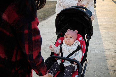 婴儿在夏日公园散步时坐在婴儿婴儿车中 穿着格式衬衫的可爱小男孩坐在蓝色推椅上孩子快乐母亲父母运输座位公园妈妈安全家庭图片