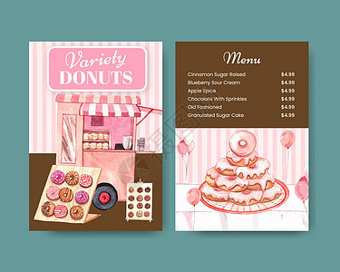带有甜甜圈派对概念 水彩色风格的菜单模板Name插图广告美食糕点甜点食物水彩生日早餐小吃图片