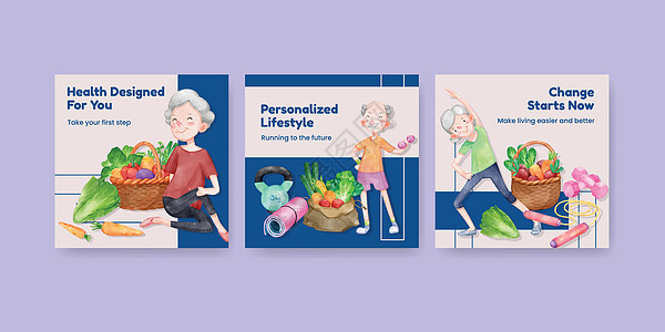 带有高级健康健身概念的水彩色风格的挂板模板退休娱乐祖父运动营销广告插图祖父母祖母锻炼图片