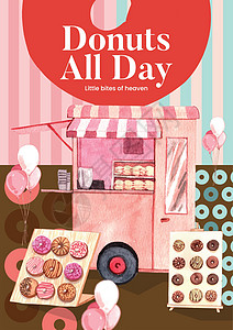 带有甜甜圈派对概念 水彩色风格的海报牌模板营销玻璃窗巧克力水彩早餐生日糖果插图小吃奶油图片