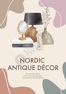 带有挪威古老家概念 水彩色风格的海报模板房子植物家具传单长椅广告公寓小册子水彩插图图片