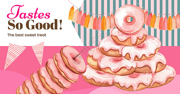 带有甜甜圈派对概念 水彩风格的Facebook模板插图巧克力奶油媒体社交香草糖果营销美食生日图片