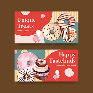 带有甜甜圈党概念的Twitter模板 水彩色风格玻璃窗糕点食物香草咖啡店面包生日营销广告社区背景图片