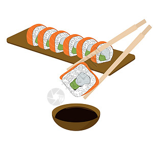 滚动 寿司 平向量插图盘子酱碗美食海鲜午餐食品酱油文化筷子烹饪图片