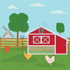 养鸡场和鸡棚 平板矢量说明图片