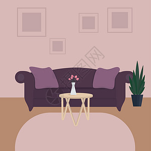 带有紫色沙发的客厅 Flat 矢量插图图片