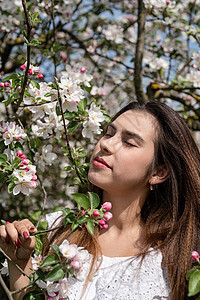 年轻的caucasian年轻女人 享受着苹果树的开花黑发公园幸福女孩女士植物群花园花朵叶子香气图片