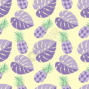 菠萝紫米饭夏季模式 菠萝面条 和怪物紫紫紫紫色 黄色背景插画