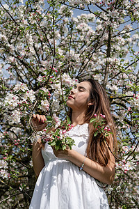 年轻的caucasian年轻女人 享受着苹果树的开花叶子女士女孩黑发季节花园香气花朵公园女性图片