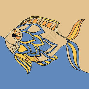 手工绘制的面条 装饰性的鱼画在平板样式中 彩色插图海鲜海洋潜水荒野食物动物群热带钓鱼艺术涂鸦图片