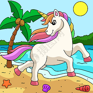 独角兽在海滩上挥舞彩色卡通图片