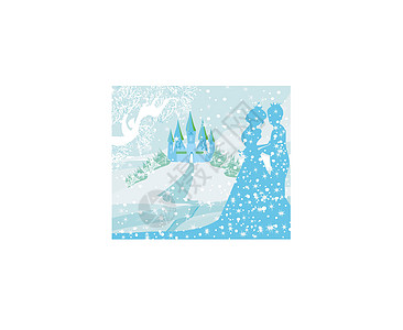 城堡和公主与王子季节雪花天气国王降雪量房子森林卡片夫妻建筑学图片