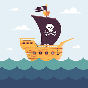 公海的海盗船 黑旗上的头骨图片