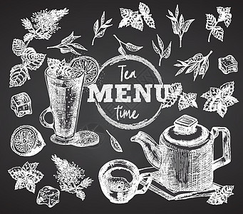 下午茶时间 黑色粉笔板背景上的杯子 杯子 茶壶 薄荷 柠檬 冰复古手绘素描设计酒吧 餐厅 咖啡馆菜单 传单 横幅 海报雕刻风格图图片
