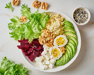 佛碗 平衡食物 素食菜单沙拉核桃种子早餐高架小麦蔬菜营养师午餐豆腐图片