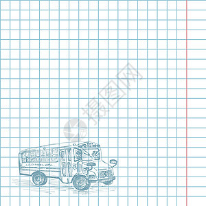 带手绘草图黄色校车符号的纸质笔记本电脑回到学校主题教育概念复古插图空白设计图形艺术元素正方形公共汽车线条运输网格绘画明信片蓝色涂图片