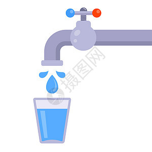 从水龙头的玻璃水 白色背景图片