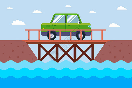 汽车在河对面的木桥上行驶图片