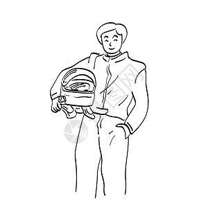 在白色背景线艺术中 用头盔插图式矢量手抽出男性赛车手的微笑设计图片
