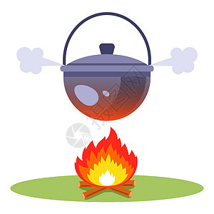 火上浇水 在树林里煮汤冒险火焰游客白炽灯日志卡通片厨房壁炉金属旅游图片