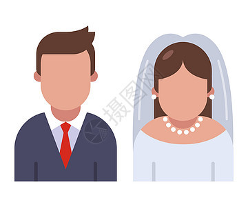在白色背景中孤立的新娘和新郎字符图标图片