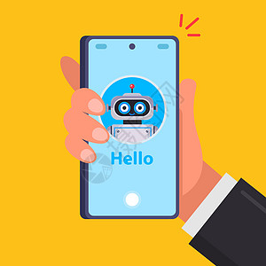 手握智能手机 在电话屏幕上微笑的机器人图片
