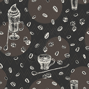 复古手绘草图设计酒吧 餐厅 咖啡厅菜单黑色粉笔板背景 无缝模式图形矢量艺术 传单 横幅 海报的爱尔兰咖啡创意模板插图卡片肉桂香料图片