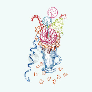 怪物奶昔甜点 孤立的背景 手绘彩色线条艺术 素描风格巧克力 甜甜圈 冰淇淋 糖果 饼干 棉花糖餐厅 咖啡厅 酒吧 菜单矢量设计插图片