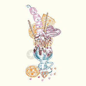 怪物奶昔甜点 孤立的背景 手绘彩色线条艺术 素描风格巧克力 甜甜圈 冰淇淋 糖果 饼干 棉花糖餐厅 咖啡厅 酒吧 菜单矢量设计玻图片