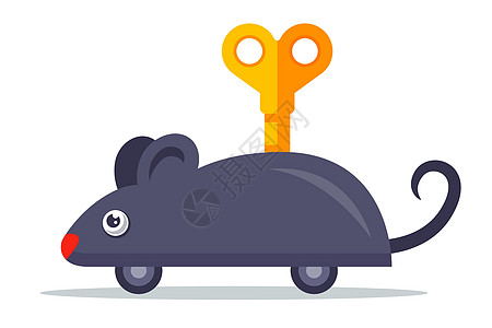 一个时钟灰色的老鼠 背上有个钥匙卡通片苗圃力学插图玩物游戏车轮尾巴乐趣惊喜图片