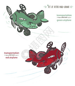 一套手工绘制的红色和绿色飞机 墨笔草图图片