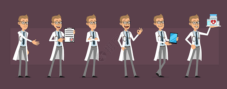 Cartoon 医生或科学家字符矢量帮助男人疫苗药片男性微笑手势疾病医院动画片图片