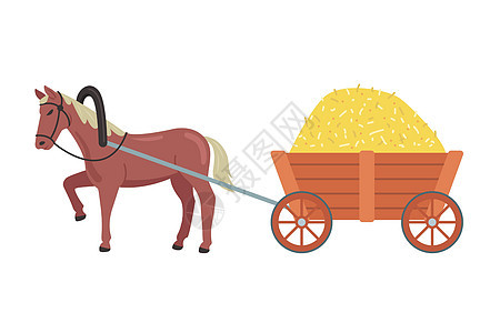一匹马背着一车干草 在村里运输货物图片