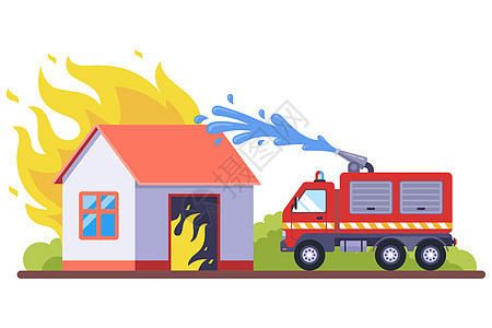 消防员用水灭掉一个木制燃烧房屋和消防管防御篝火消防事故火警火焰帮助机器烧伤住宅图片