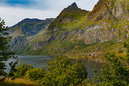 挪威山湖风景如画的海岸靠近罗弗敦群岛 绿草覆盖的山坡被阳光照亮 最纯净的水蓝色山脉日落反射晴天荒野悬崖旅游假期天空图片