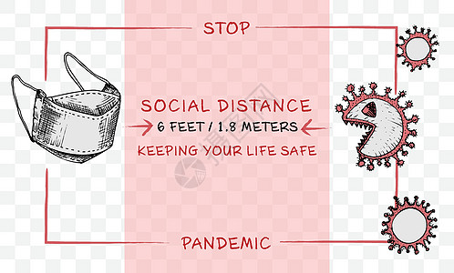 抗冠状病毒流行的医学 社会 信息宣传海报的设计理念 并附有文字阻止流行病社会距离保持你的生命安全素描风格图片