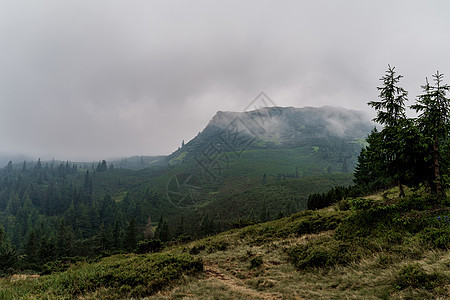 在雨天和大雾天 暴风雨和雷暴前的山区黄昏 恶劣的天气条件 喀尔巴阡山脉的山峰丛林天空叶子远足环境爬坡国家下雨树木风景图片