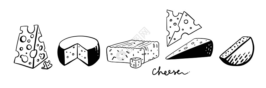 在白色背景上隔离的一组乳酪矢量 手画奶酪提纲矢量插图图片