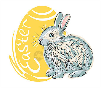 彩色插图 用记号笔手工绘制的草图 明亮的黄色鸡蛋背景上可爱的白色复活节兔子 铭文复活节图片