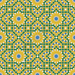基于传统伊斯兰艺术的无缝几何装饰品 黄色 蓝色 绿色和白色打印马赛克星星六边形方案插图三角形线条织物黑色图片