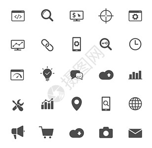 seo 剪影矢量图标上白色孤立 为 web 移动应用程序 ui 设计和打印设置的搜索引擎优化图标服务关键词编码定位支付速度电脑互图片