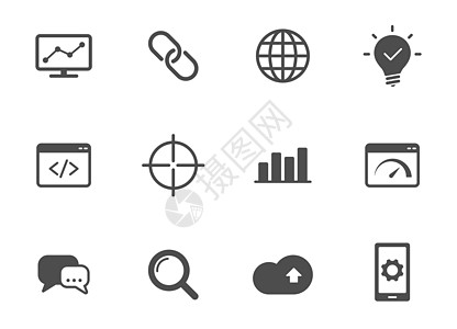 seo 剪影矢量图标上白色孤立 为 web 移动应用程序 ui 设计和打印设置的搜索引擎优化图标监控排行引擎软件电子邮件支付电子图片