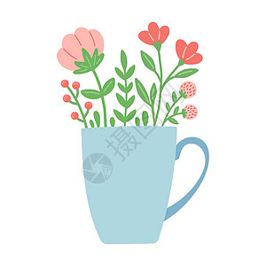 美丽的杯子中的花朵 平板设计矢量植物艺术花瓶花束白色叶子插图卡片图片