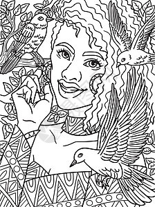 非洲裔美洲女性与鸟类成人配色页面染色图画书爆炸填色插图女士女孩手绘涂鸦艺术图片