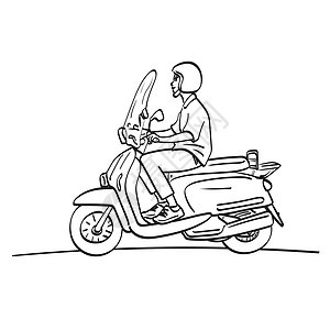戴头盔的男子骑着摩托车插图矢量手 在白色背景线艺术上被孤立图片