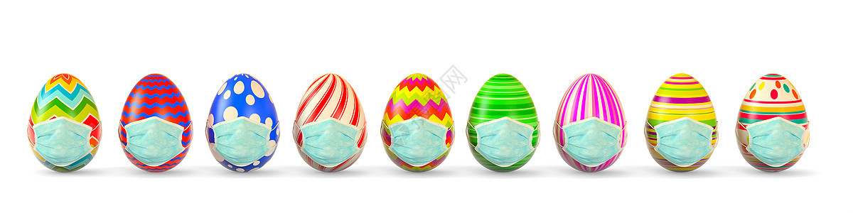 彩色复活节鸡蛋在医疗面罩中 在白色背景上 3D 投影插图医生卫生预防保健疾病流感装饰品危险3d感染图片