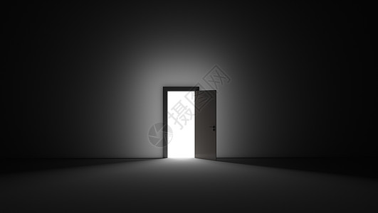 开着的门 有明亮的灯光流进一个非常黑暗的房间 3D 显示插图图片
