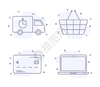 电子商务轮廓矢量插图在白色上隔离 带有浅粉色背景和装饰的电子商务紫色线图标 卡车 送货 购物篮 信用卡 笔记本电脑图片