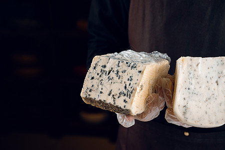 蓝奶酪和果达 手拿意大利草药 持有多尔布卢 戈贡佐拉 罗克福特三角形美食奶制品产品熟食小路蓝色蓝天老化模具图片